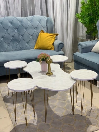 طقم طاولة 5 قطع سطح خشب شكل رخام