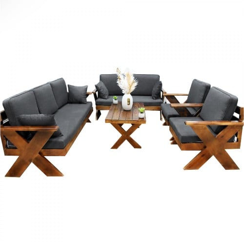 طقم جلوس خشبي خارجي فاخر مع وسائد رمادية