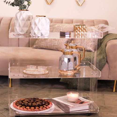 عربة ضيافة مودرن ارفف (شفافة بقاعدة فضي مرايا)