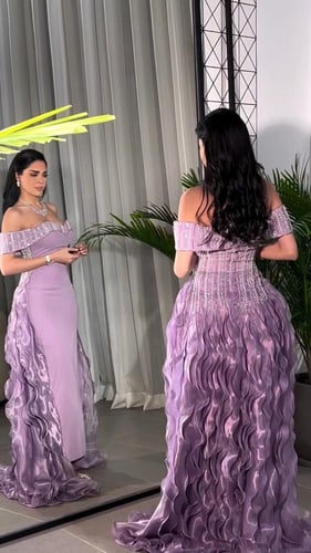 فستان سهرة موف خامه باربي بذيل مميز