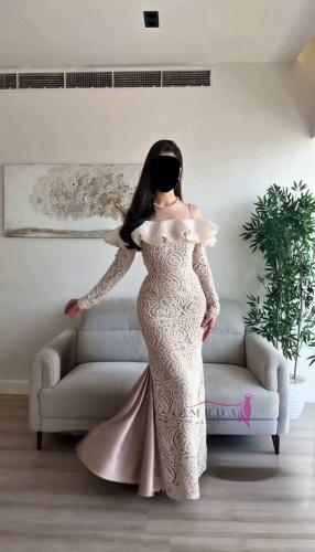 فستان سهرة سكري انيق بتصميم اوف شولدر