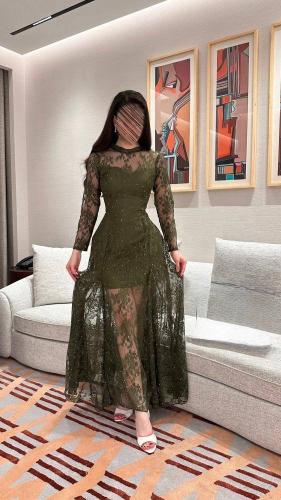 فستان سهرة دانتيل مطرز بأكمام طويلة