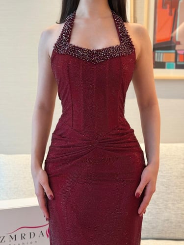 فستان سهرة كلفة جاهزة بتطريز اللولو فاخر