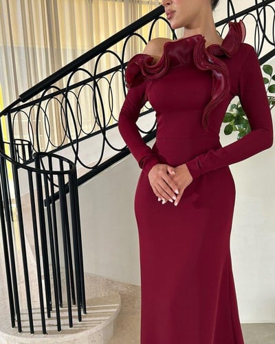 فستان اكتان باكمام انيق بألوان موف احمر بقماش بارب...