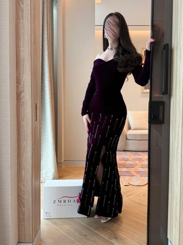 فستان سهرة موف مطرز انيق