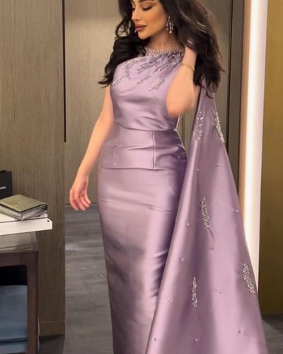 فستان خامة ميكادو مع شال مزين بلكريستال