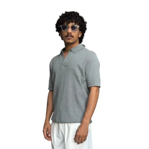 تيشرت بولو أوفرسايز بياقة مفتوحة - رمادي فاتح