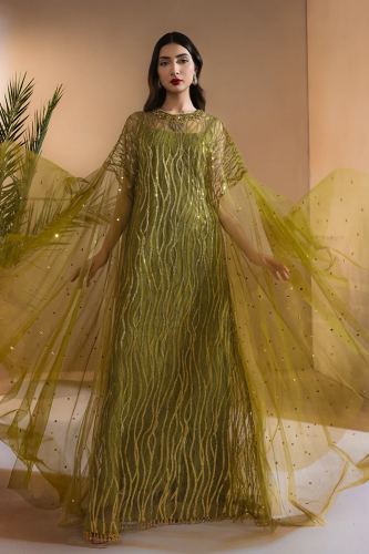 جلابية زيتونية مطرزة بخيوط ذهبية – Olive Gold Jalabiya