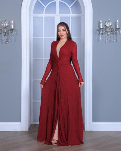 فستان سهرة طويل يتميز بقصّة لف (Wrap) أنيقة مع فتحة صدر على شكل V - 7592-25