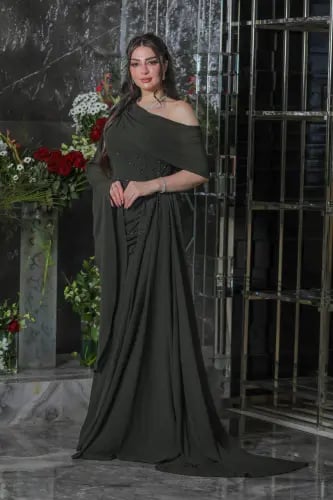 فستان سهرة بكم منسدل مزين بالكرستالات - LR6113-X
