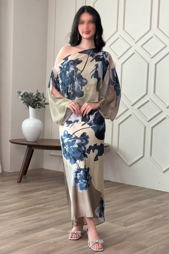 فستان قطعتين ساتان بطبعة أزهار لون اخضر