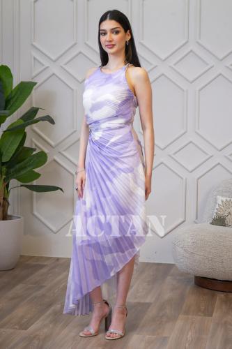 فستان بكسرات غير متساوي الطول لون بنفسجي