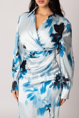 فستان ميدي درابيه مشجر لون ازرق