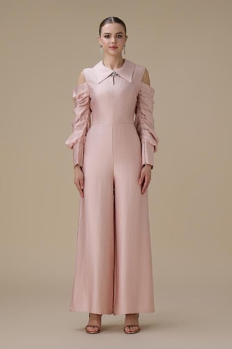 جمبسوت وردي أكمام مكشوفة ببقصة بنطال واسع