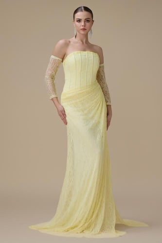 فستان دانتيل اصفر طويل درابيه