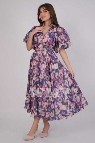 فستان ميدي بأكمام بف لون كحلي