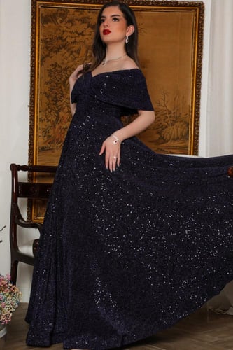 فستان سهره كلوش بتصميم اوف شولدر لون كحلي