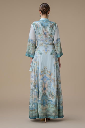 جلابية شيفون مطرزة طويلة بنقشات فنية وأكمام واسعة