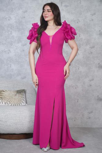 فستان سهره طويل بكم ورد لون وردي