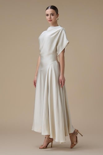 فستان سكري ميدي بقصة انسيابية وأكمام واسعة