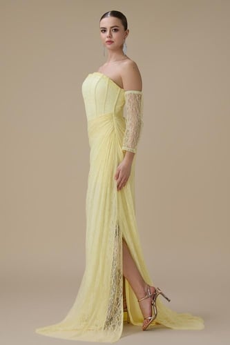 فستان دانتيل اصفر طويل درابيه