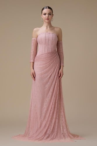 فستان دانتيل وردي طويل درابيه