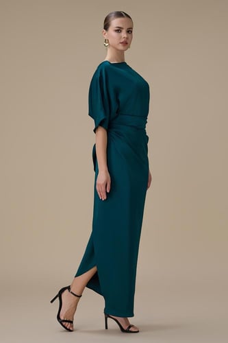 فستان طويل تركواز بدرابيه جانبي