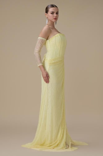فستان دانتيل اصفر طويل درابيه