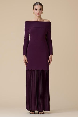 فستان بنفسجي طويل أوف شولدر بحزام