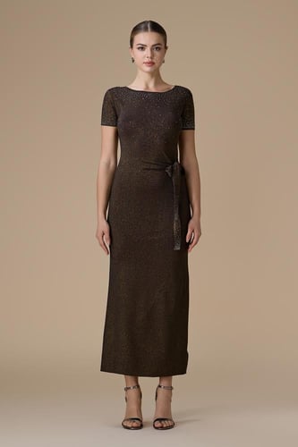 فستان بني ماكسي جيرسيه