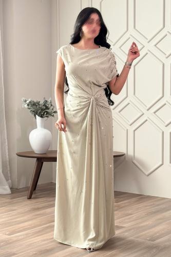 فستان اخضر فاتح سهرة ماكسي بزم مزين بالكريستال