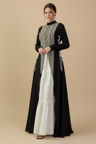 جلابية طويلة لون أسود بتطريز تراثي
