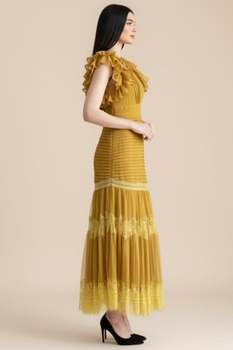 فستان ماكسي بكم كشكش مطعم بدانتيل لون كموني