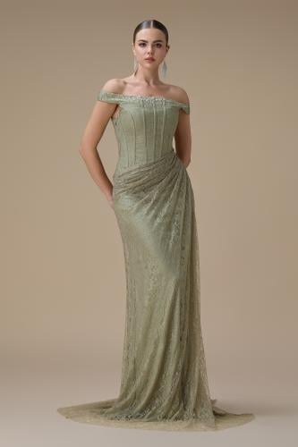 فستان دانتيل أخضر طويل أوف شولدر