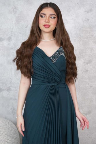 فستان سهره طويل بليسيه مزين بخرزلون كحلي