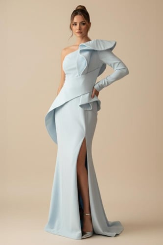 فستان سهرة طويل لون سماوي بكتف واحد