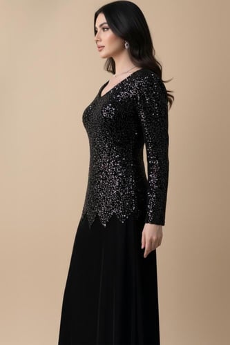 فستان اسود سهرة ماكسي مخملي مزين بالترتر