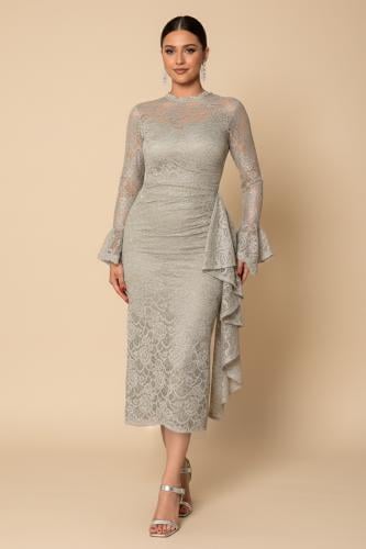 فستان ميدي دانتيل رمادي بقصة درابيه