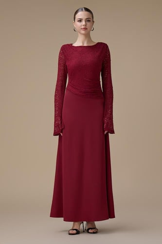 فستان برغندي طويل دانتيل