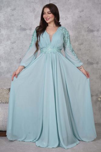 فستان سهرة شيفون مزين بالفصوص لون ازرق