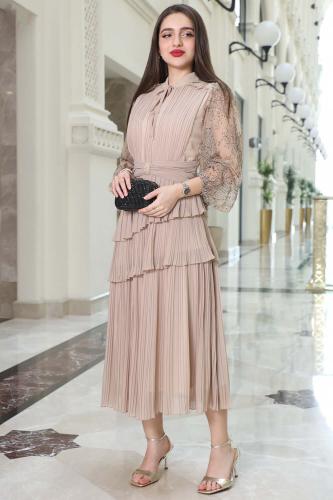 فستان شيفون ماكسي بأكمام دانتيل لون بيج