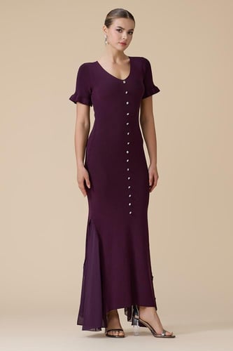 فستان عنابي طويل محبوك