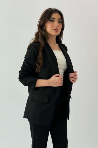 جاكيت رسمي بطية صدر وأكمام بزم لون اسود