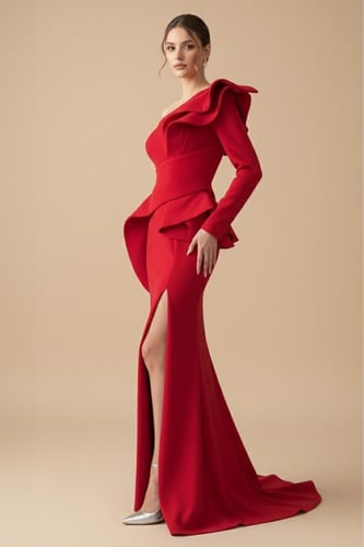 فستان سهرة طويل لون أحمر بكتف واحد