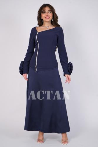 فستان ماكسي ضيق بخصر نازل لون كحلي