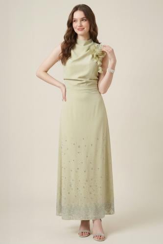 فستان درابيه مزين ببرروش ورد لون أخضر فاتح