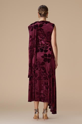 فستان برغندي ميدي بوشاح كتف أنيق