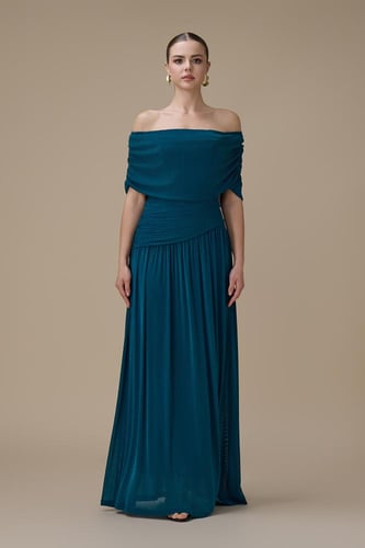 فستان تركوازي طويل أوف شولدر درابيه