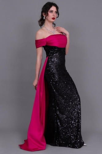 فستان سهره ترتر مكشوف الاكتاف لون فوشي