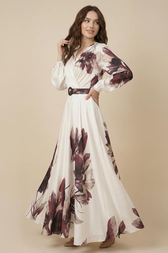 فستان عنابي ساتان باكمام طويلة